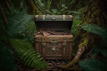 abandoned chest in the jungle with unidentified contents, created with generative aiの素材