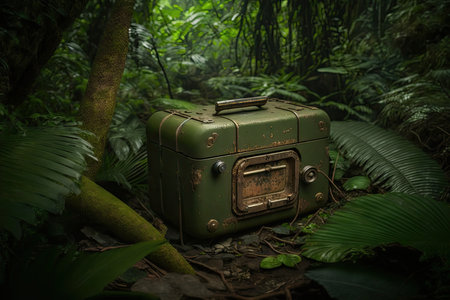 abandoned chest in the jungle with unidentified contents, created with generative aiの素材