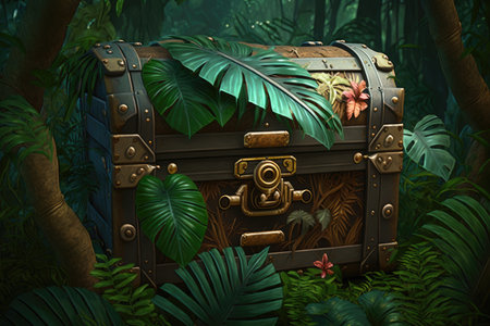 chest in the jungle with tropical vegetation, created with generative aiの素材