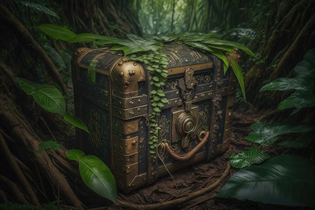 mysterious chest abandoned in the jungle, created with generative aiの素材