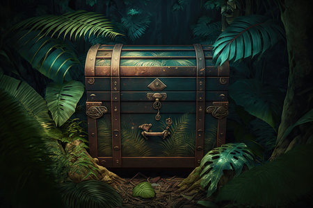 chest in the jungle standing among foliage of tropical forest, created with generative aiの素材