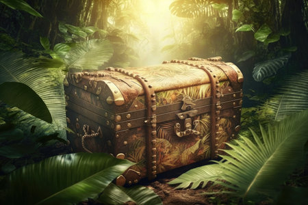 treasure chest lying in the jungle next to sun, created with generative aiの素材