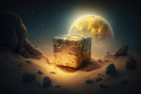 treasure chest on the moon in golden rays, created with generative aiの素材