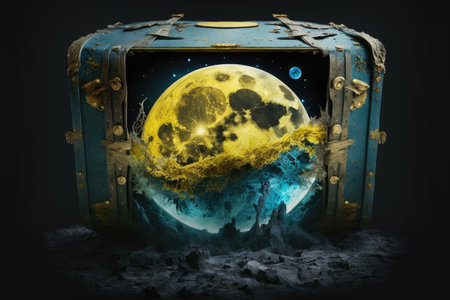 chest on the moon in yellow blue tones, created with generative aiの素材