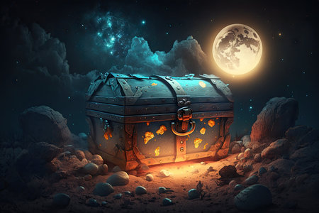 treasure chest on the moon among glowing stars, created with generative aiの素材
