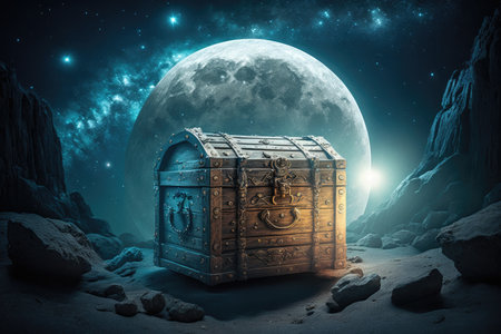 treasure chest on the moon among glowing stars, created with generative aiの素材