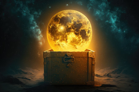 bright yellow chest on the moon in rays of sun, created with generative aiの素材