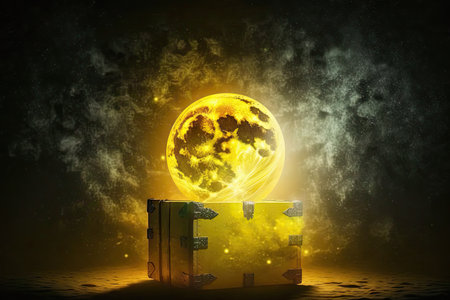 bright yellow chest on the moon in rays of sun, created with generative aiの素材