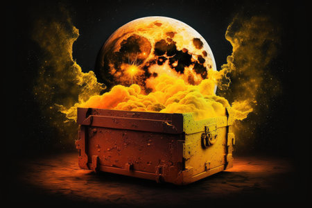 chest on the moon in bright orange yellow tones, created with generative aiの素材