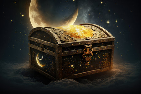 gold chest with treasure on the moon among starry sky, created with generative aiの素材