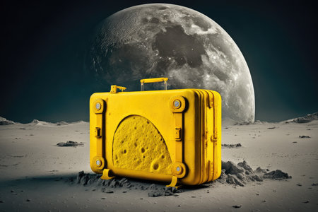 bright yellow suitcase on lunar surface chest on the moon, created with generative aiの素材