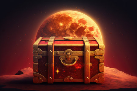 golden chest on red background of space with moon, created with generative aiの素材