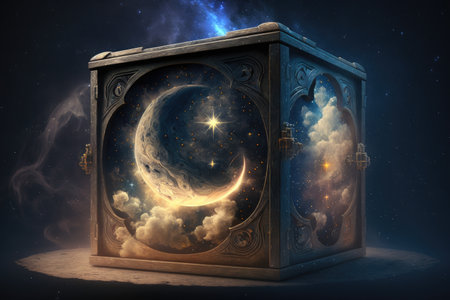 lunar chest with flying hair on background of stars and space, created with generative aiの素材