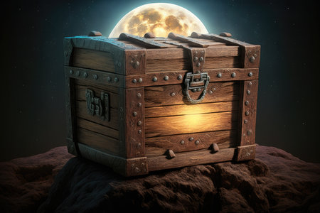 ancient wooden chest on moon in rays of lunar bright light, created with generative aiの素材