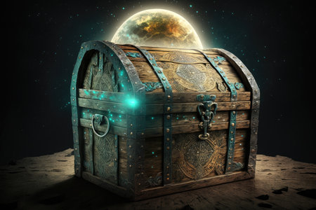 ancient wooden chest on moon in rays of lunar bright light, created with generative aiの素材