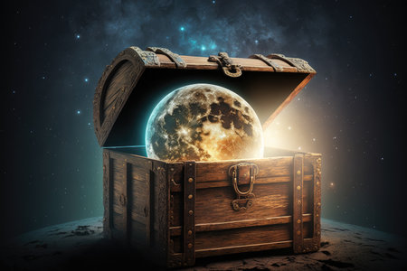 ancient wooden chest on moon in rays of lunar bright light, created with generative aiの素材