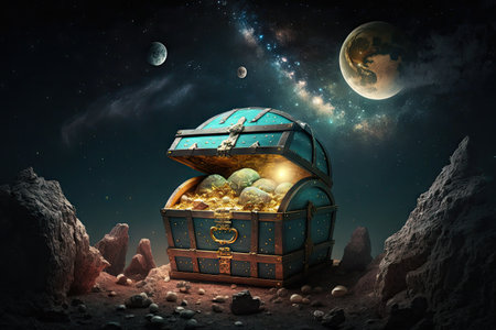 treasure chest on the moon against background of space with stars and planets, created with generative aiの素材