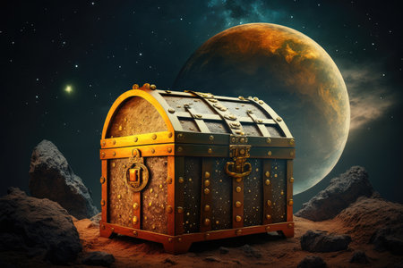 treasure chest on the moon against background of space with stars and planets, created with generative aiの素材