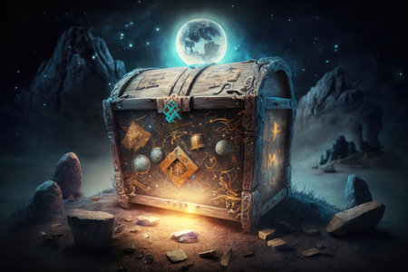 treasure chest on the moon decorated with magic signs and runes, created with generative aiの素材