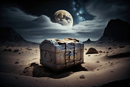 stone chest on the moon among rare lunar landscape, created with generative aiの素材