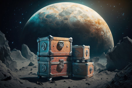 chests in space on the moon against background of planet earth, created with generative aiの素材