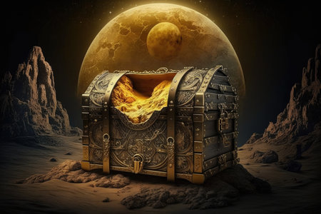 treasure chest on the moon in gold and black tones, created with generative aiの素材