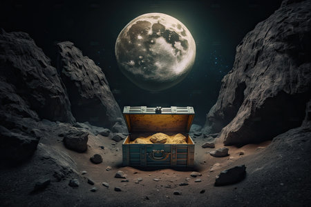 empty chest on the moon against background of dark rocks in lunar landscape, created with generative aiの素材