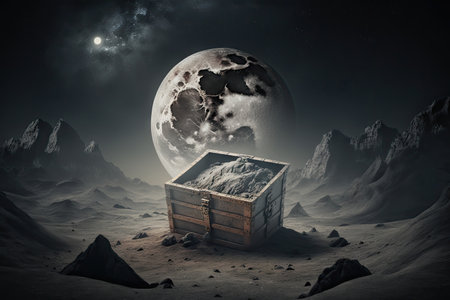 empty chest on the moon against background of dark rocks in lunar landscape, created with generative aiの素材