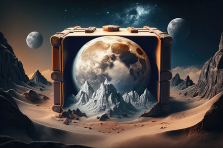 chest on the moon against backdrop of lunar landscape with mountains and rocks, created with generative aiの素材