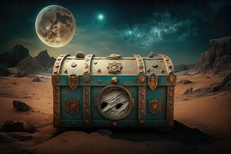 rusty old chest with buttons on background of lunar landscape, created with generative aiの素材
