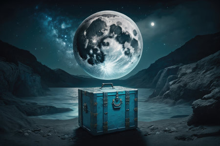 light blue chest on moon against backdrop of night sky, created with generative aiの素材