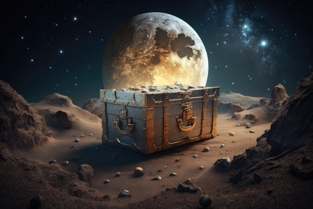 treasure chest on moon among craters against background of stars, created with generative aiの素材