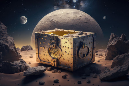 treasure chest on moon among craters against background of stars, created with generative aiの素材