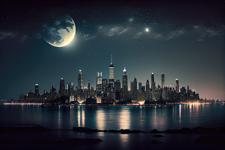 city skyline at night, with the moon and stars shining in the sky, created with generative aiの素材