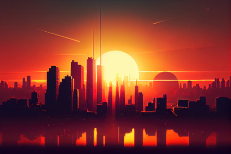 city skyline during sunset, with the sun disappearing beyond the horizon, created with generative aiの素材