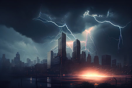 city skyline in the midst of a thunderstorm with lightning and rain, created with generative aiの素材