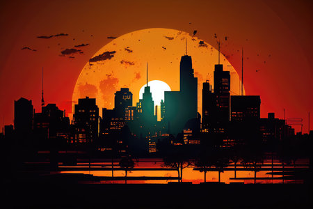 city skyline at dusk, with sun setting behind the buildings, created with generative aiの素材