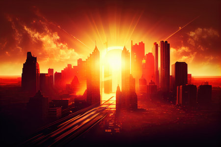 city skyline during sunset, with the sun casting warm and colorful rays over the buildings, created with generative aiの素材