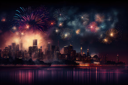 city skyline, illuminated by fireworks, on the night of a special occasion, created with generative aiの素材