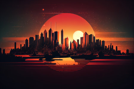city skyline at dusk, with the sun setting and night approaching, created with generative aiの素材