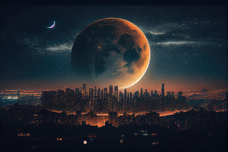 city skyline at night, with a view of the moon and stars in the sky, created with generative aiの素材