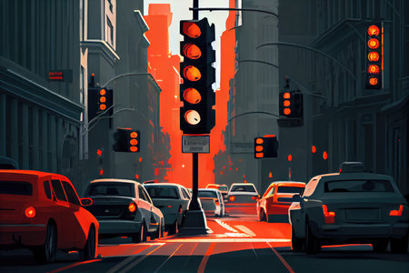 gridlocked city street, with traffic lights and stop signs flashing, as cars impatiently wait at the red light, created with generative aiの素材