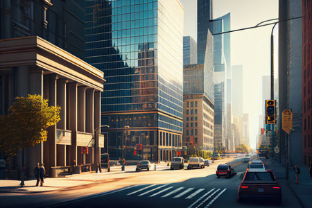 city street with view of bustling business district, featuring modern architecture and high-rise buildings, created with generative aiの素材