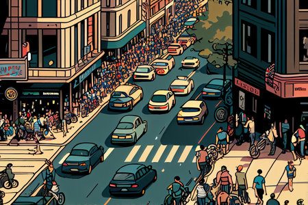 busy city street with pedestrians, bikers, and cars crossing in all directions, created with generative aiの素材