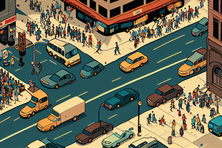 busy city street with pedestrians, bikers, and cars crossing in all directions, created with generative aiの素材