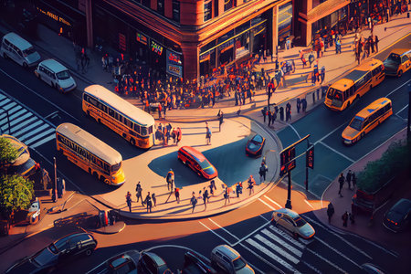 busy city street intersection with people, cars, and buses moving in all directions, created with generative aiの素材