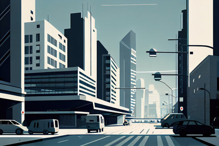 modern city street intersection with sleek, minimalist buildings and clean lines, surrounded by bustling metropolis, created with generative aiの素材