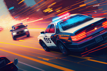 high-speed chase through busy intersection, with police cars and the suspects vehicle zooming by, created with generative aiの素材