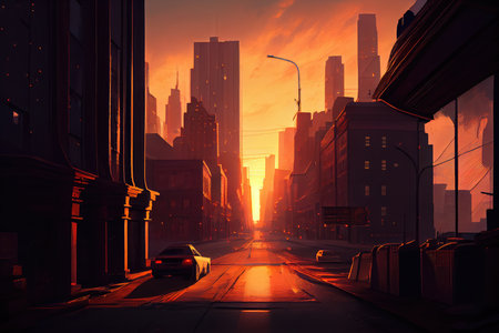 city street, with view of the city skyline and sunset, in the background, created with generative aiの素材