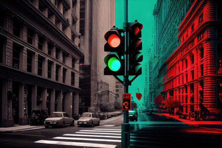 city street, with view of traffic light changing from red to green, created with generative aiの素材